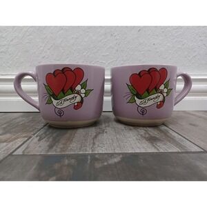 2 Piece Ed Hardy‎ Three Hearts Tattoo Logo Purple Mug New
